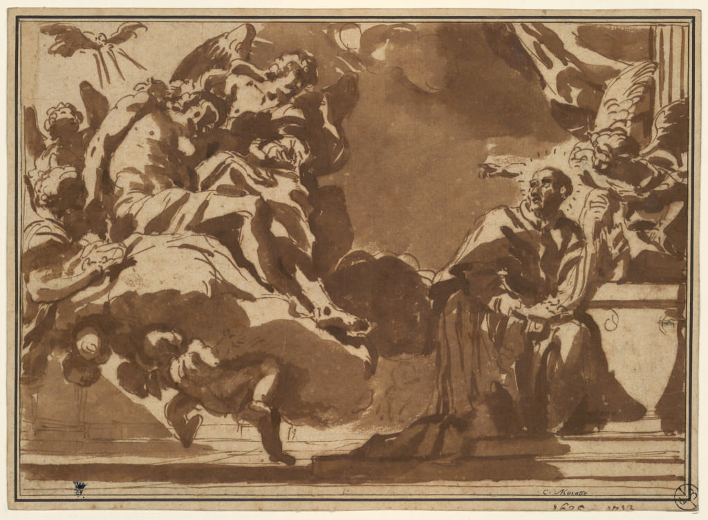 Carlo Maratta, L’Apparition du Christ a? saint Charles Borrome?e, vers 1670-1675, Pierre noire, plume et encre brune, lavis brun; colle? en plein, 760 x 244 mm © Muse?es d’Angers